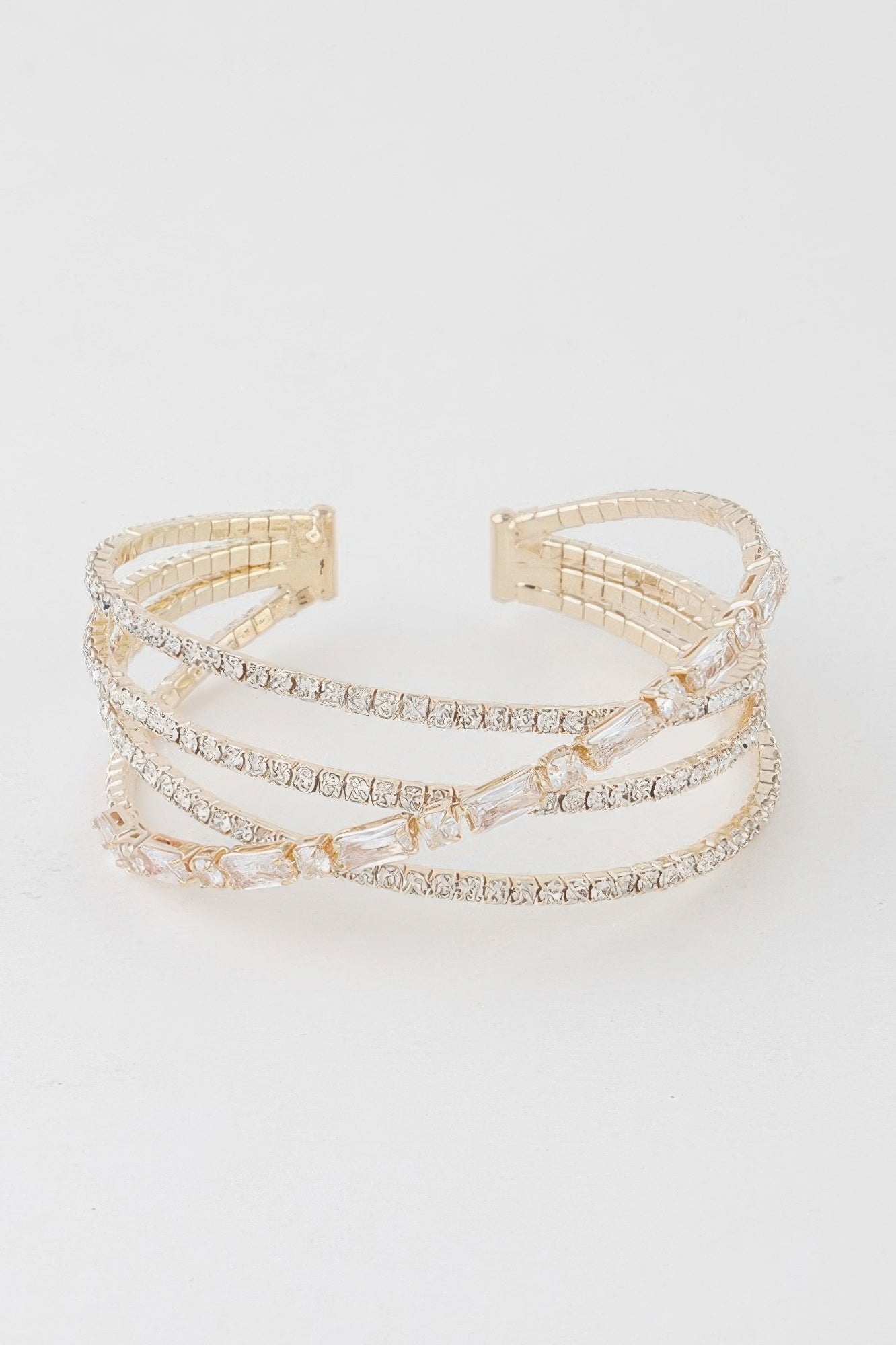 Gold Clear Multi-Crystal lace cuff bracelet, wide layered crystal straps