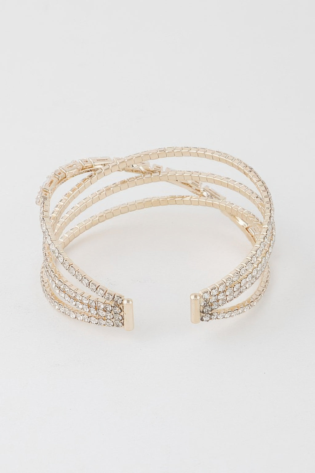 Gold Clear cuff bracelet with layered crystal rows and square end clasps