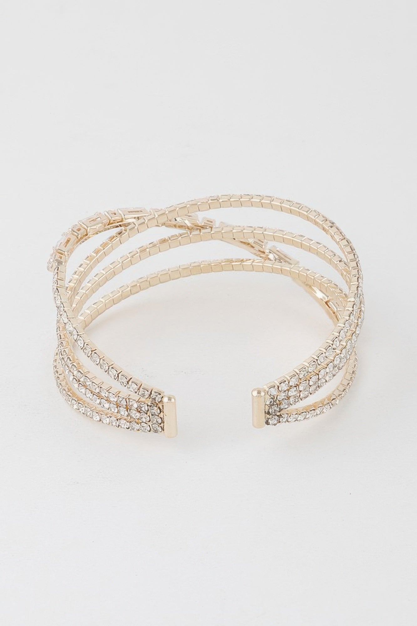 Gold Clear cuff bracelet with layered crystal rows and square end clasps