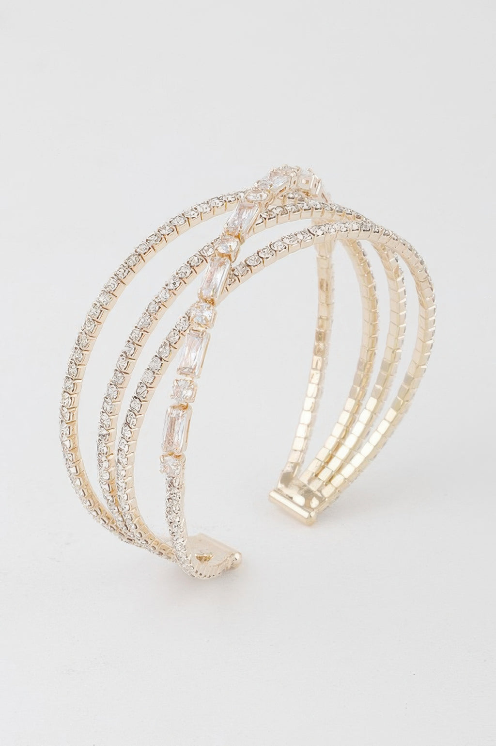 Gold Clear multi-row cuff bracelet with dangling crystal charm detail
