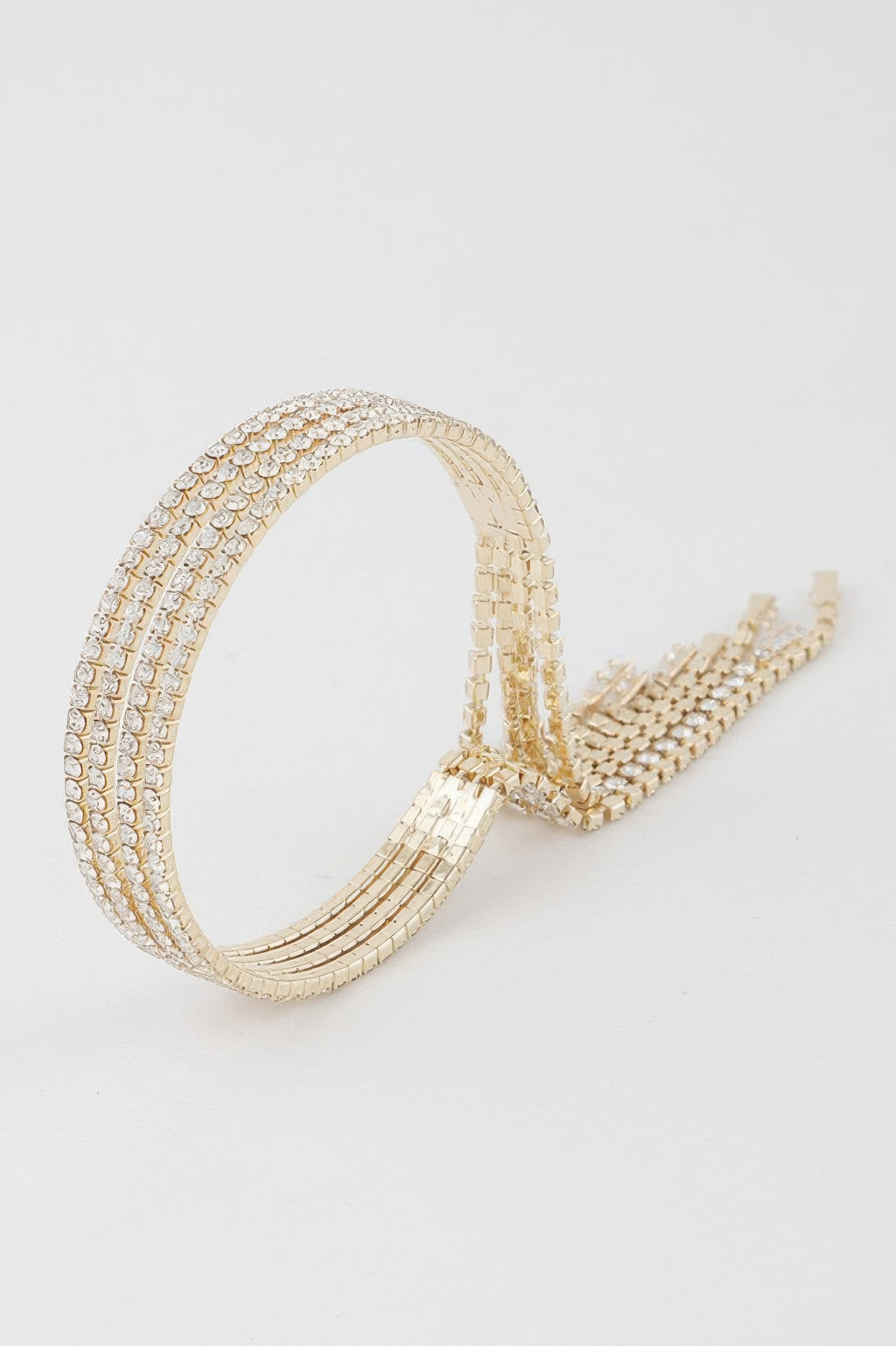 Gold-clear rhinestone drop cuff bracelet, open circle with a side dangling cluster