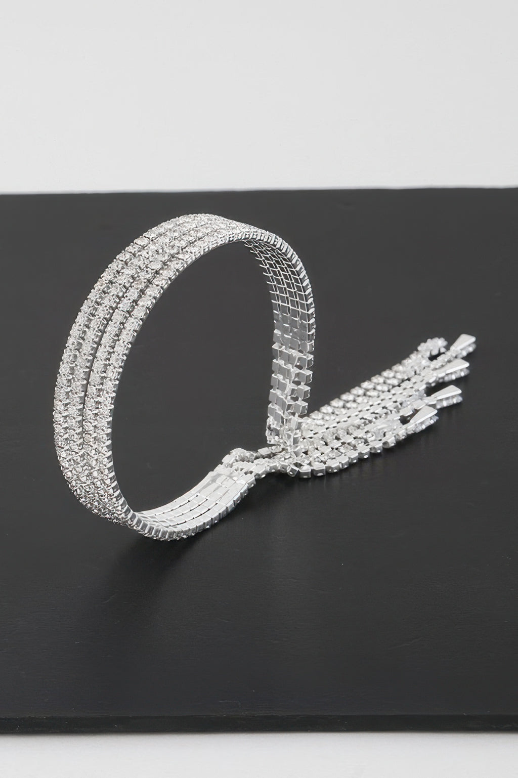 Multi rhinestone drop cuff bracelet, silver-toned wide cuff with sparkly fringe drops
