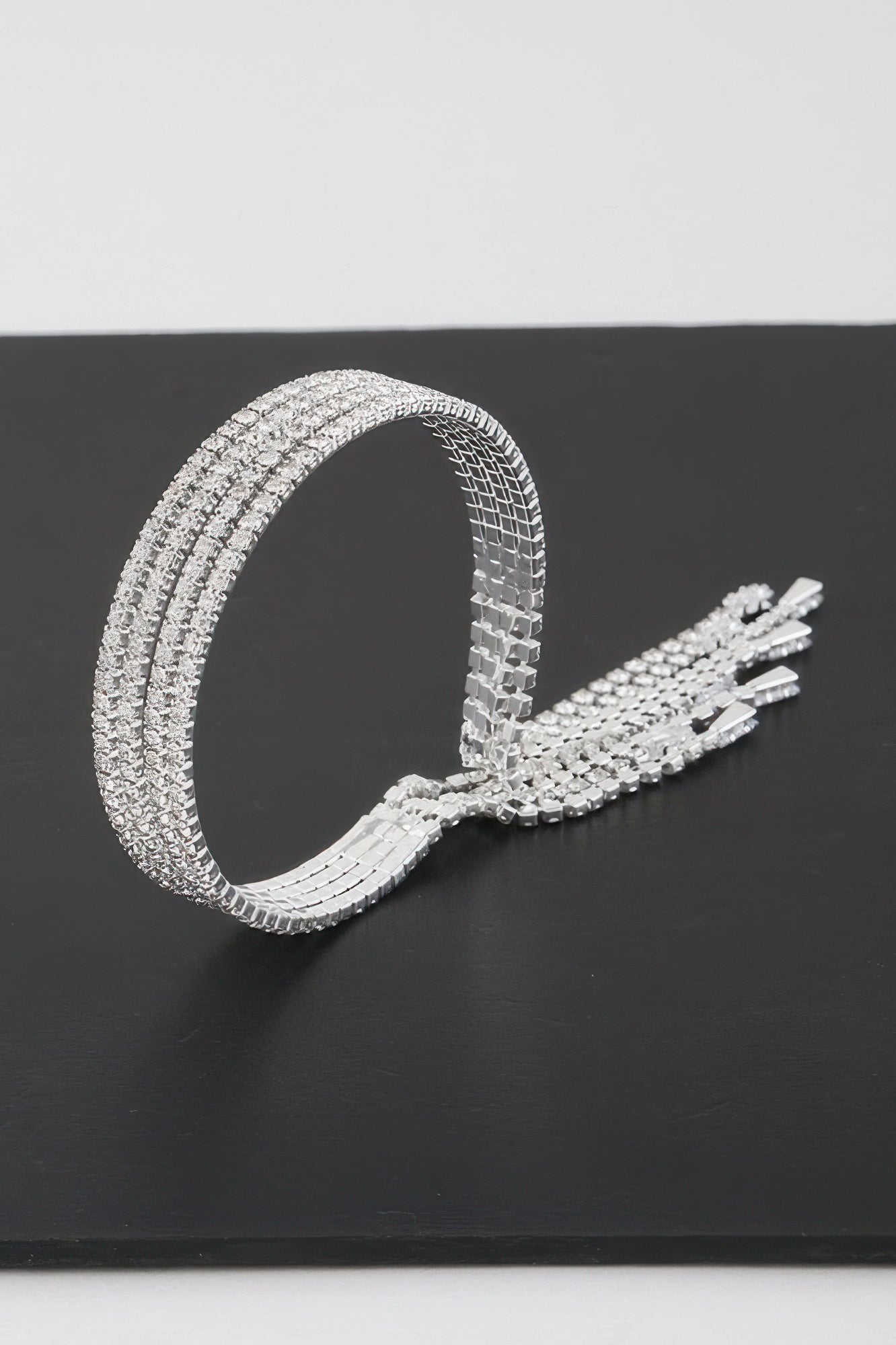 Multi rhinestone drop cuff bracelet, silver-toned wide cuff with sparkly fringe drops