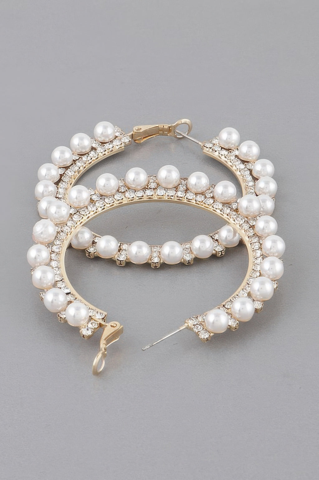 Gold pearl rhinestone hoop earrings with pavé stones and pearl bead fringe