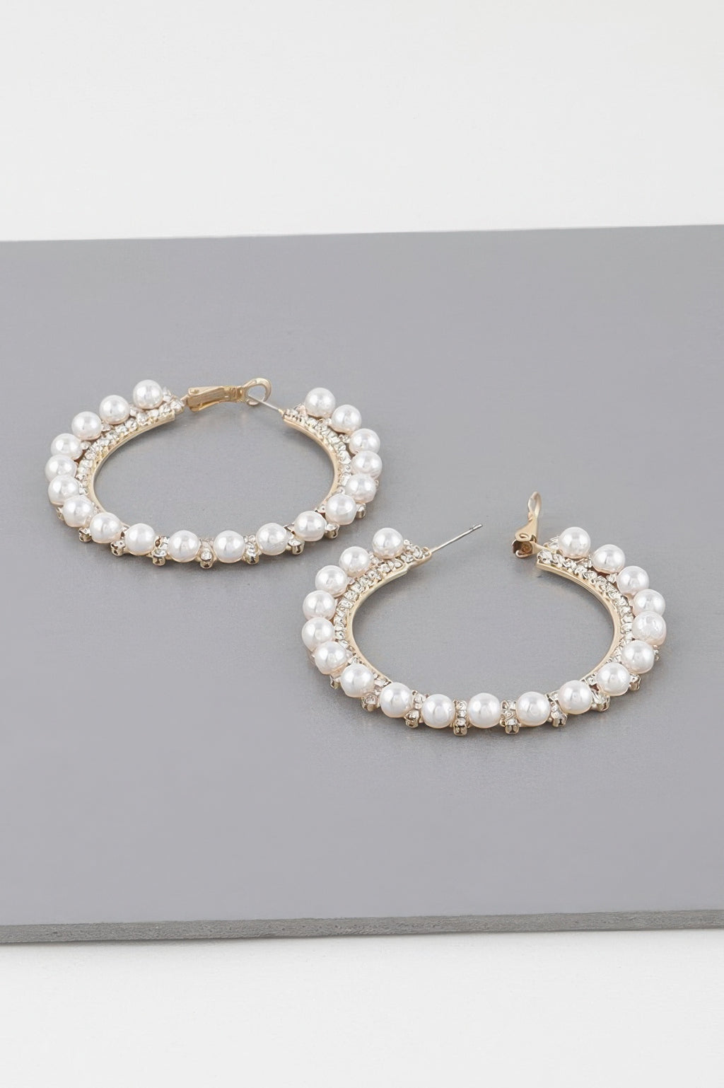 Pair of gold pearl rhinestone hoop earrings, circular hoop with pearl bead border
