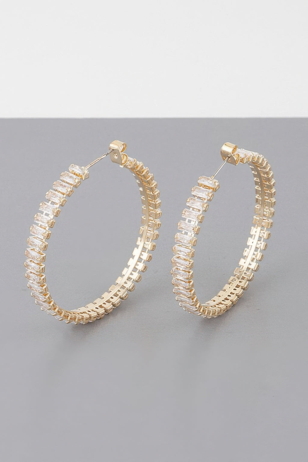 Multi Crystal Hoop Earrings, gold with clear rectangular rhinestones