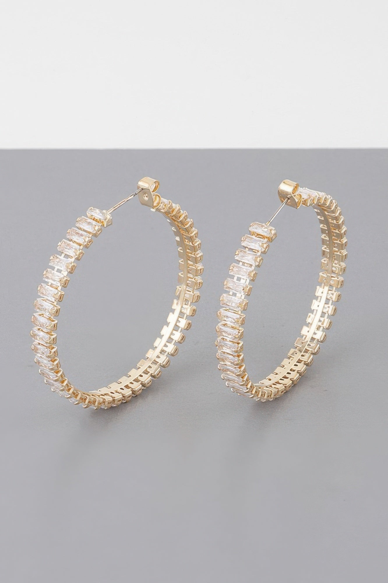 Multi Crystal Hoop Earrings, gold with clear rectangular rhinestones