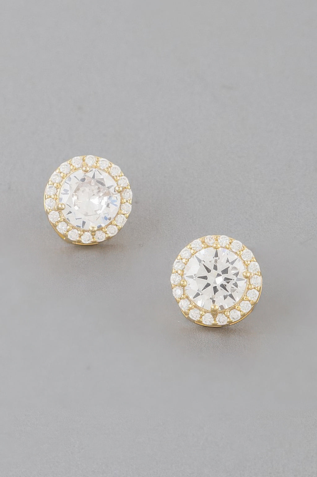 Gold round stud earrings, clear center stone with sparkling halo