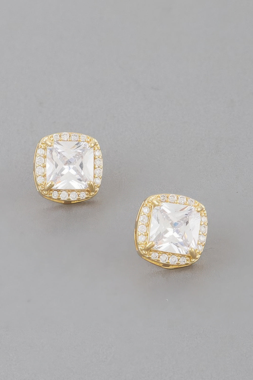 Gold-clear cubic rhinestone stud earrings with square cushion center stone