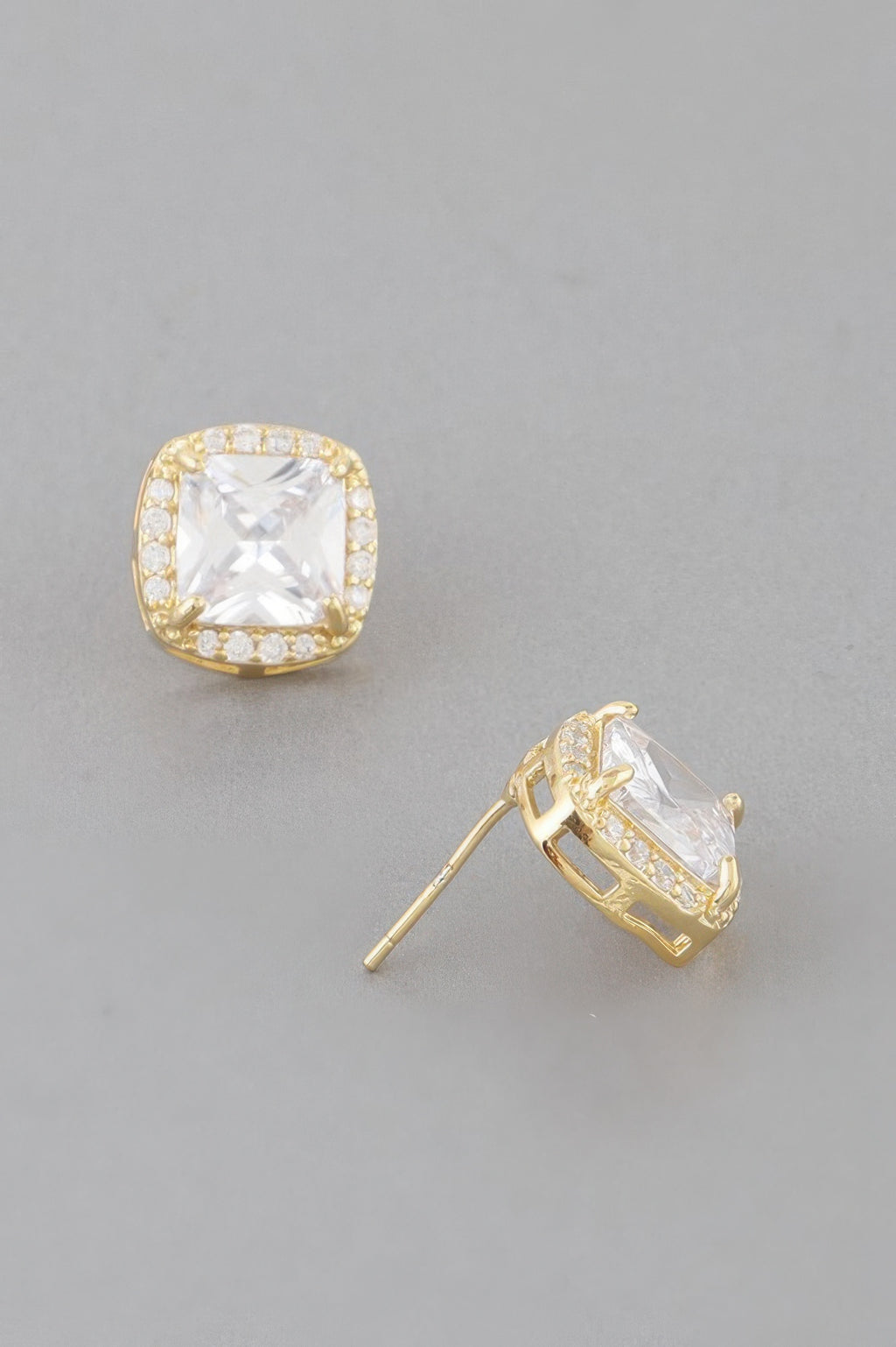Gold-clear square cushion stud earring, front view with halo of clear rhinestones