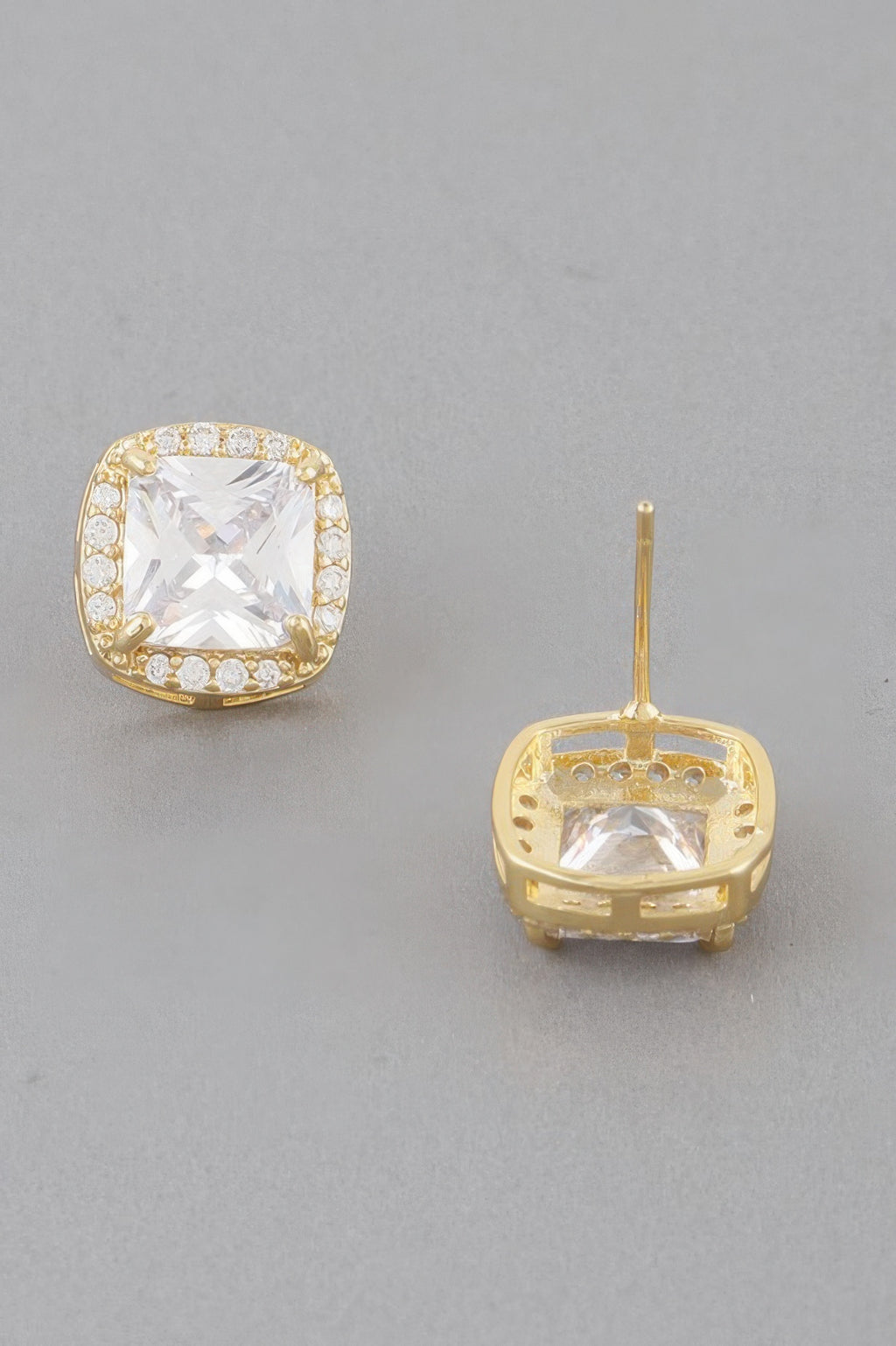 Gold-clear stud earring showing back post and square crystal-set frame