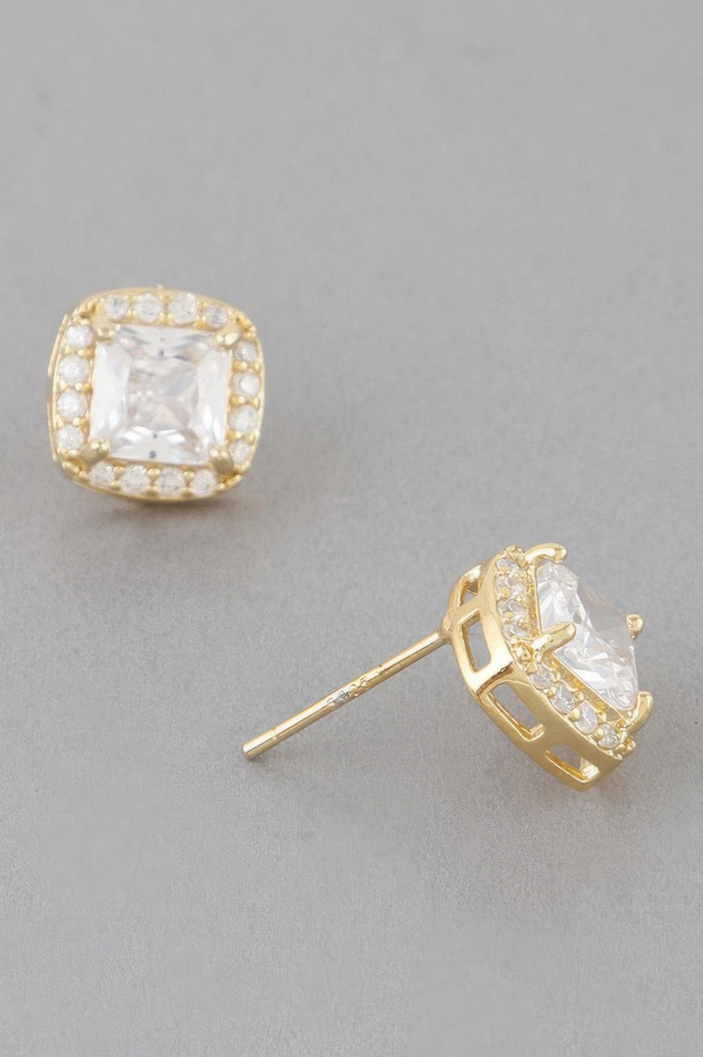 Cubic rhinestone stud earrings, gold-tone with clear square stone and halo