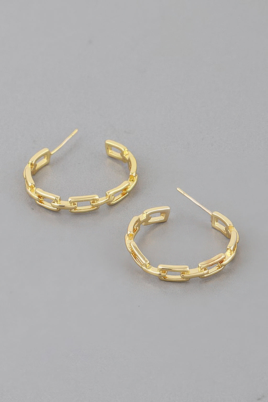 Gold-tone link chain hoop earrings set, two angles with open rectangular links