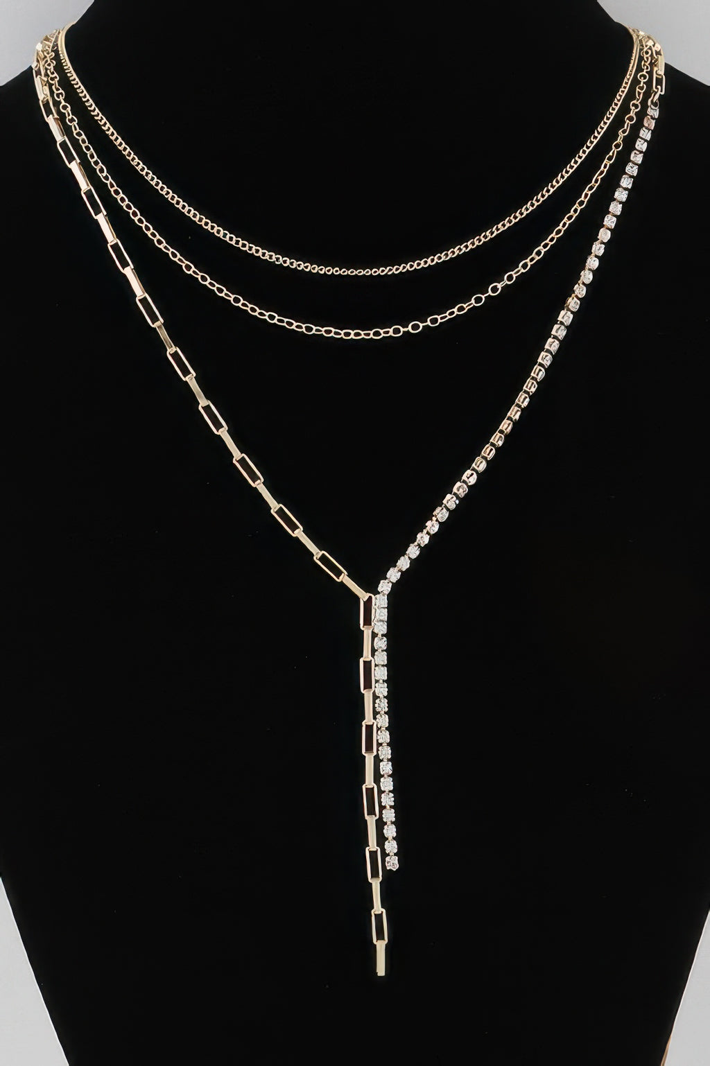 Multi-row rhinestone chain necklace with long drop pendant, gold-tone links