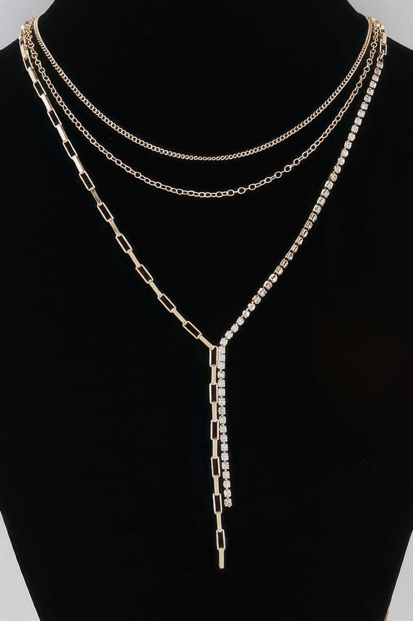 Multi-row rhinestone chain necklace with long drop pendant, gold-tone links
