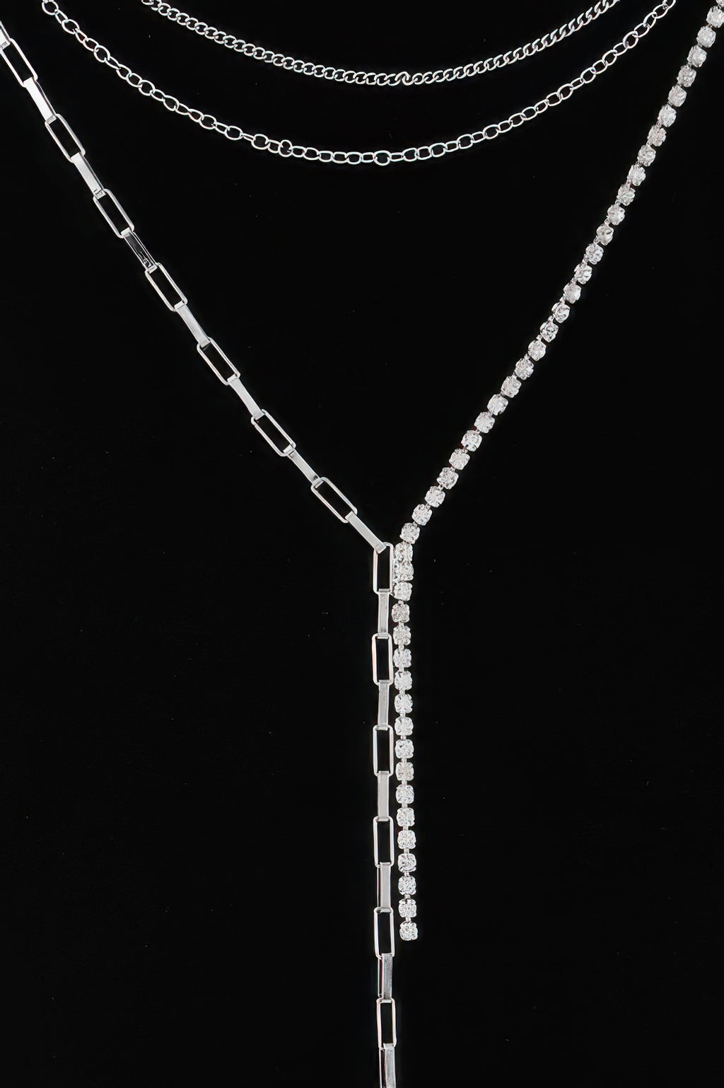 Triple-chain rhinestone necklace with slim drop pendant and rectangular stone rows