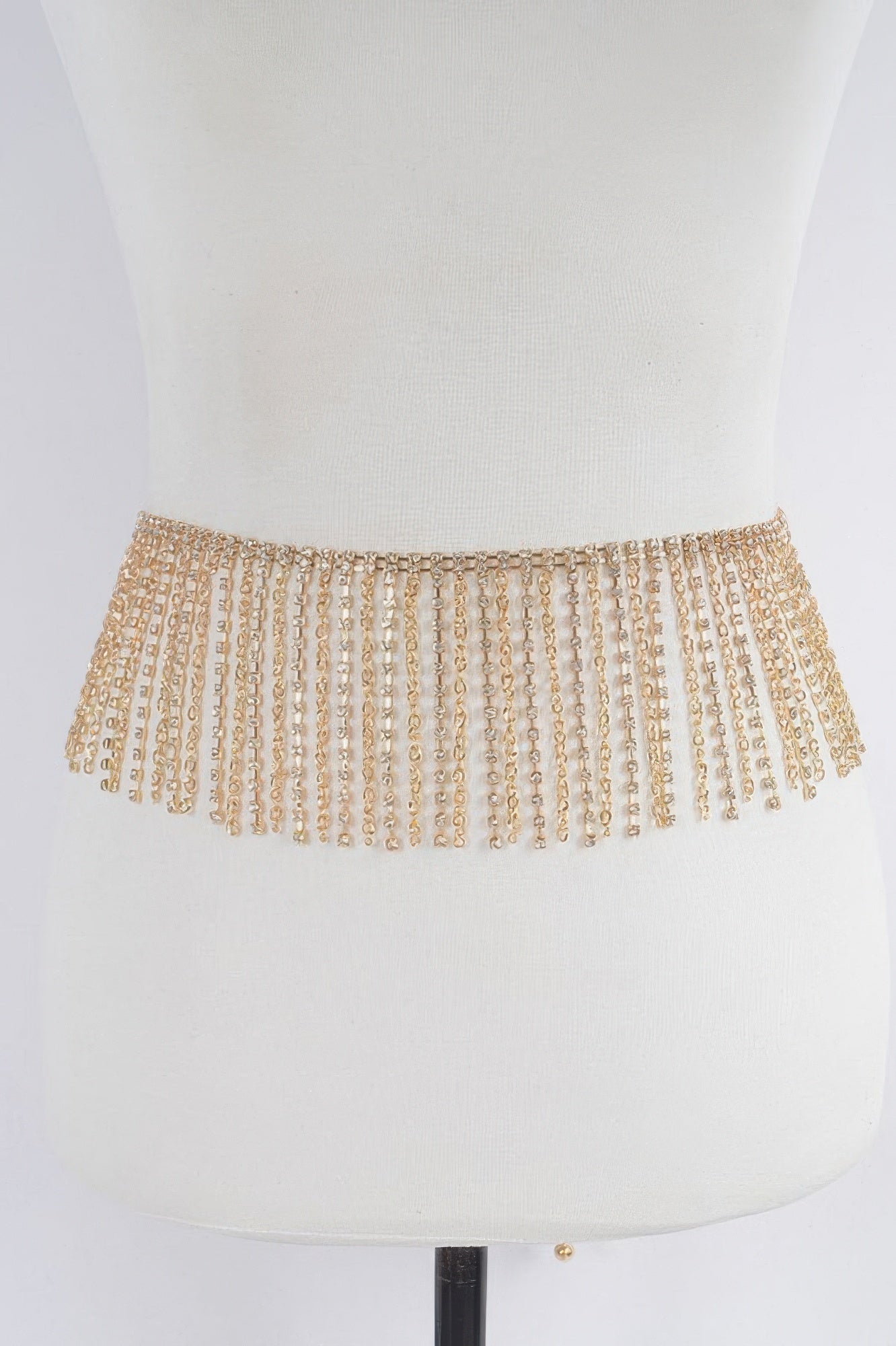 Rhinestone curtain belt in gold tone with dangling chain strands, one size