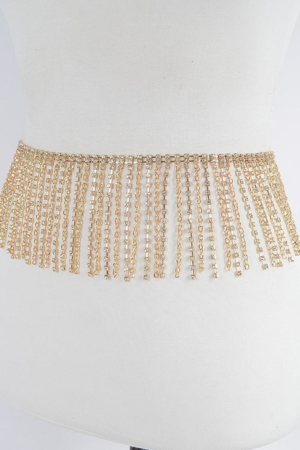 Gold rhinestone curtain belt with wide waistband and hanging chain tassels