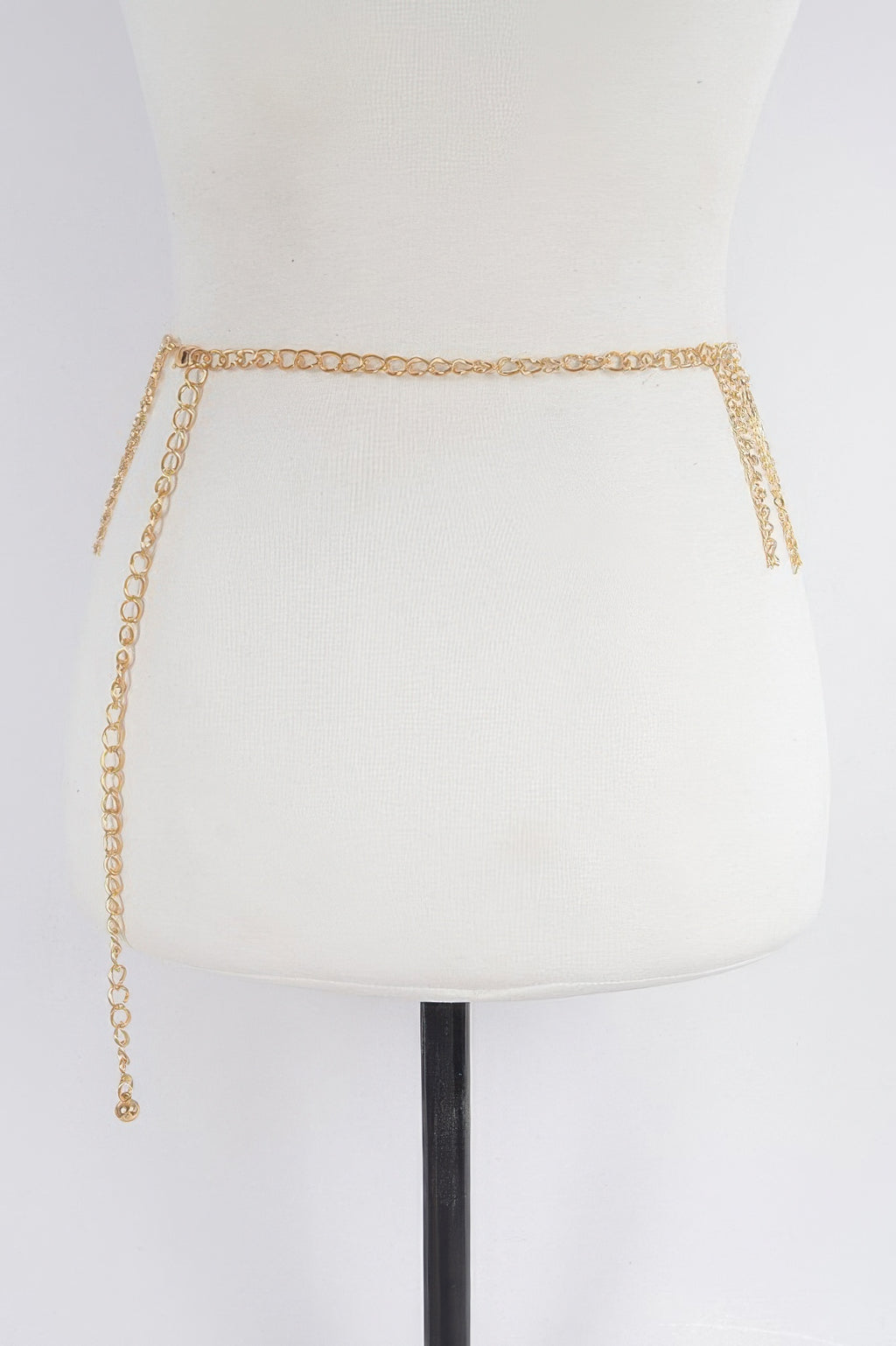 Gold rhinestone waist belt with chain border and long dangling ties