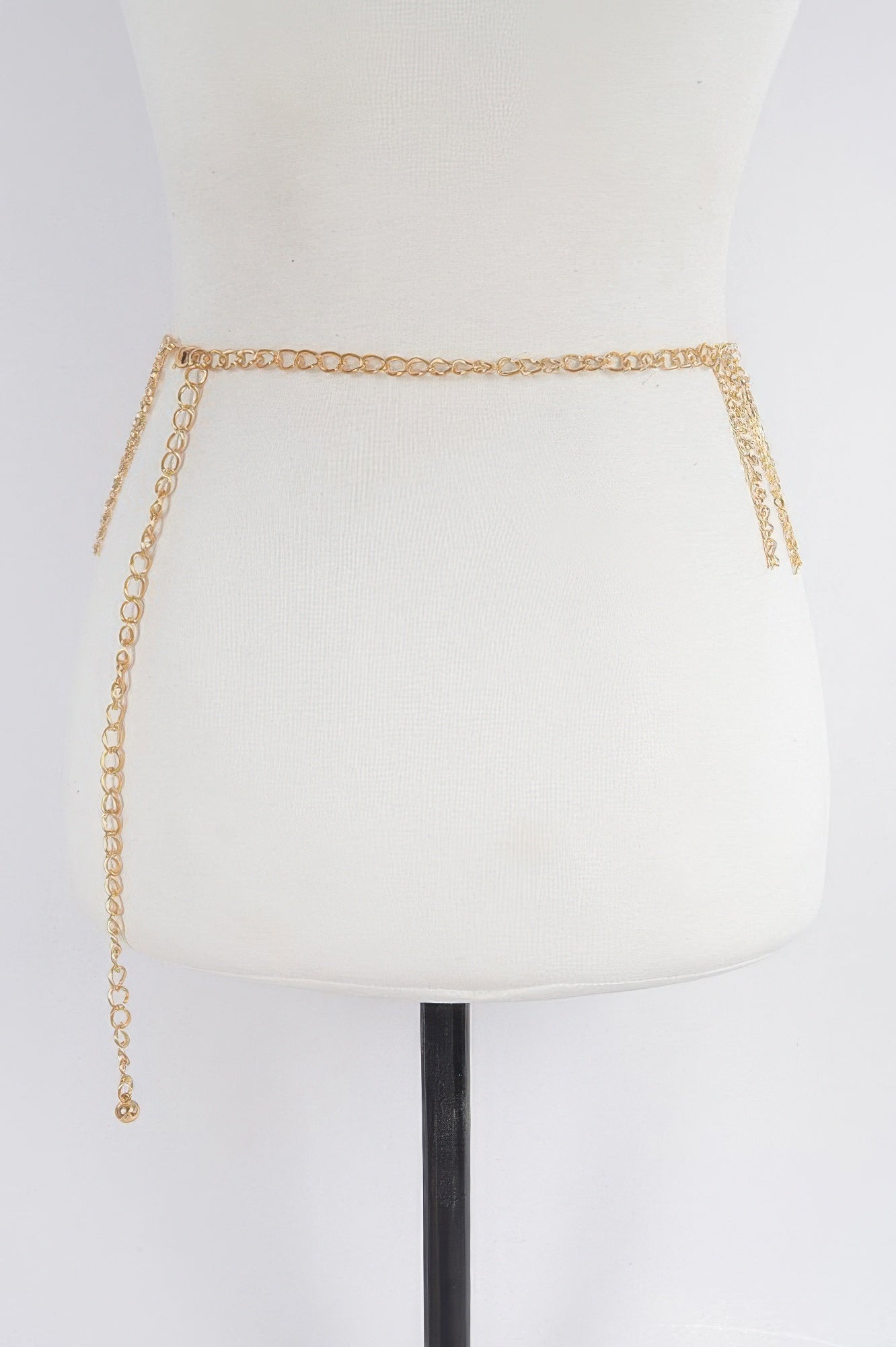Gold rhinestone waist belt with chain border and long dangling ties