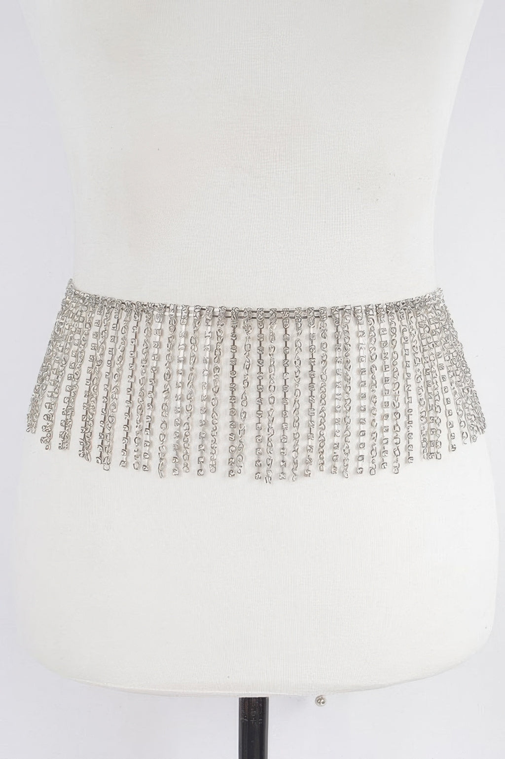 Silver rhinestone curtain belt with shimmering chain fringe on wide waistband