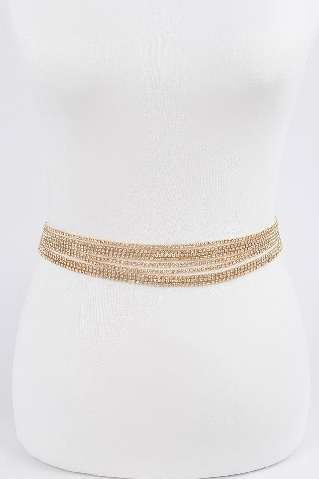 Fashion belt choker style, gold rhinestone rows, slim fit on torso