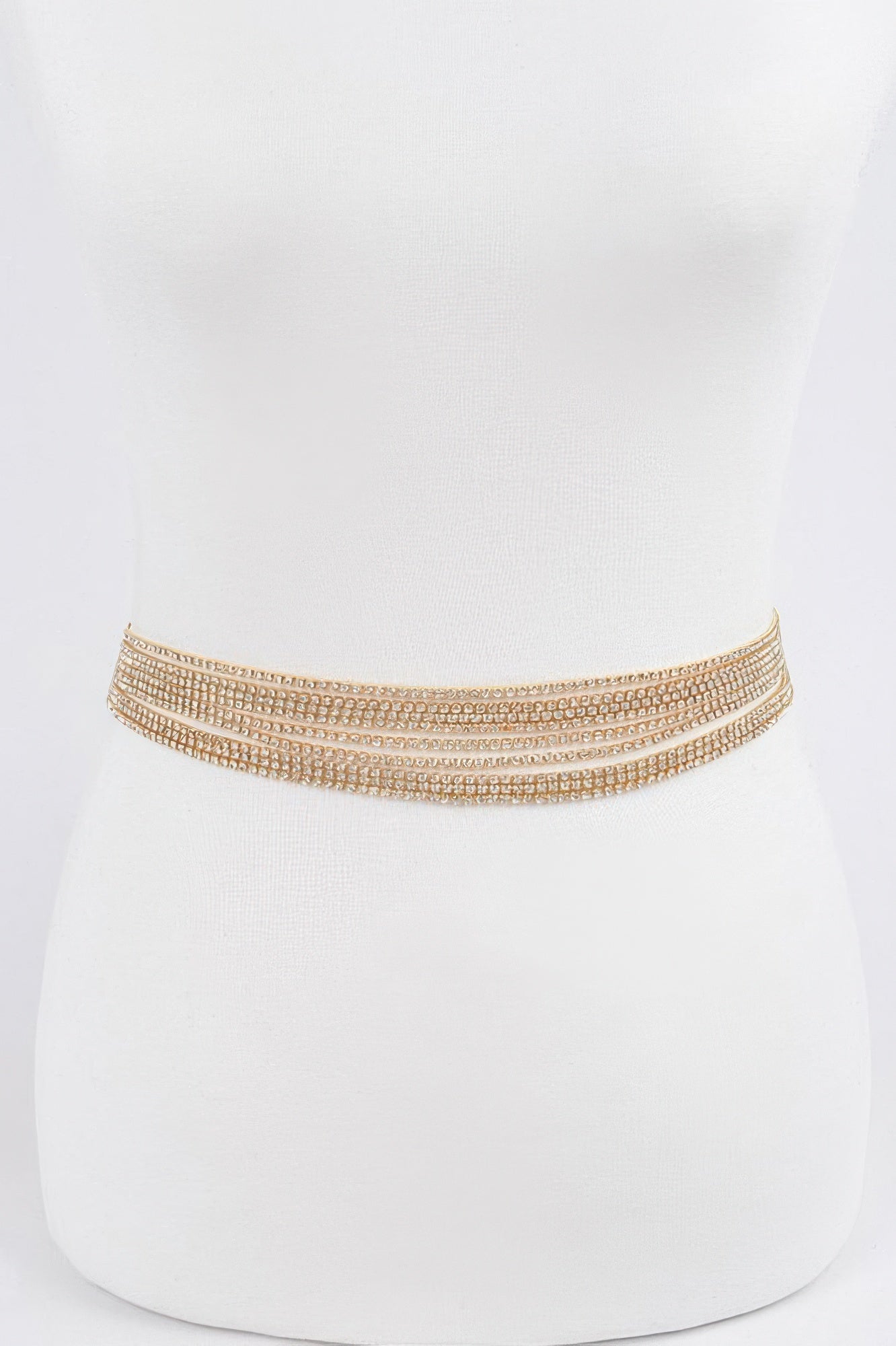 Fashion belt choker style, gold rhinestone rows, slim fit on torso
