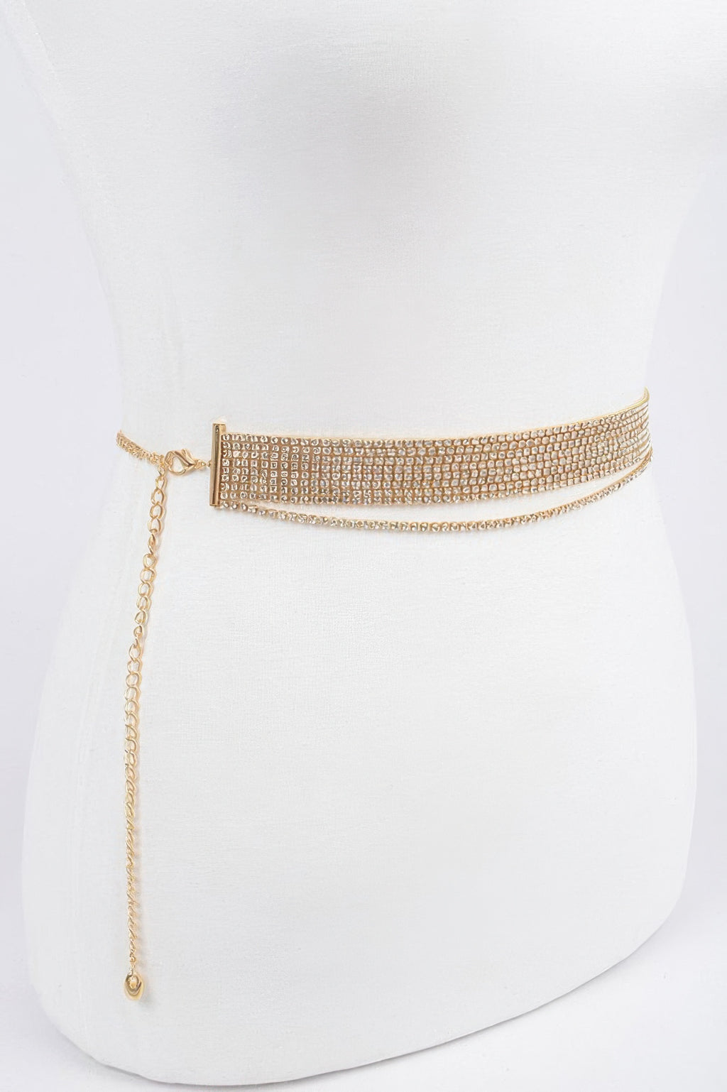 Gold rhinestone choker belt with chain tassel and small clasp closure