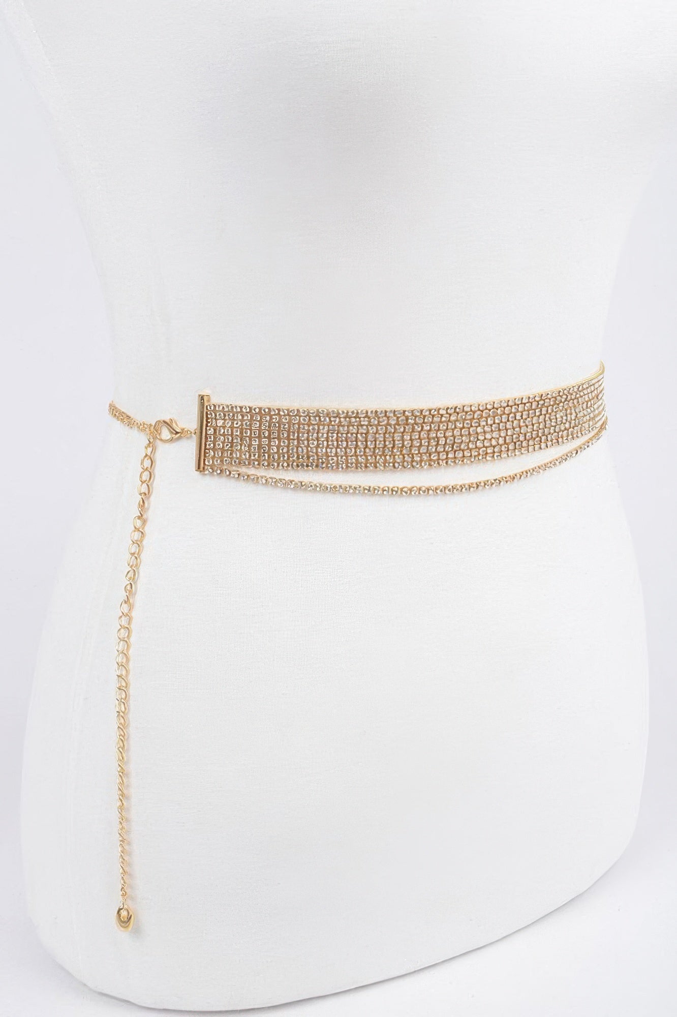 Gold rhinestone choker belt with chain tassel and small clasp closure