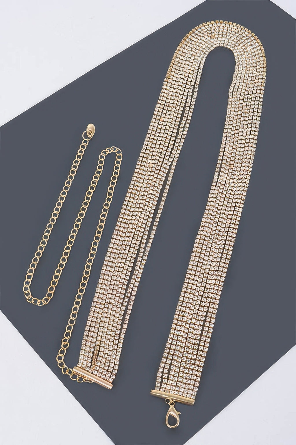Gold rhinestone choker belt with extender chain and heart-shaped clasp