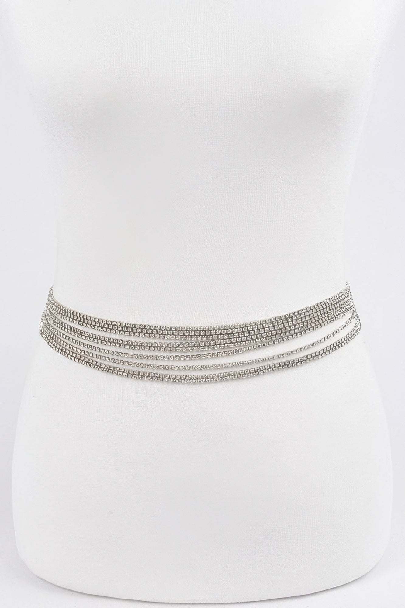 Fashion belt choker style, silver rhinestone rows, slim fit on torso