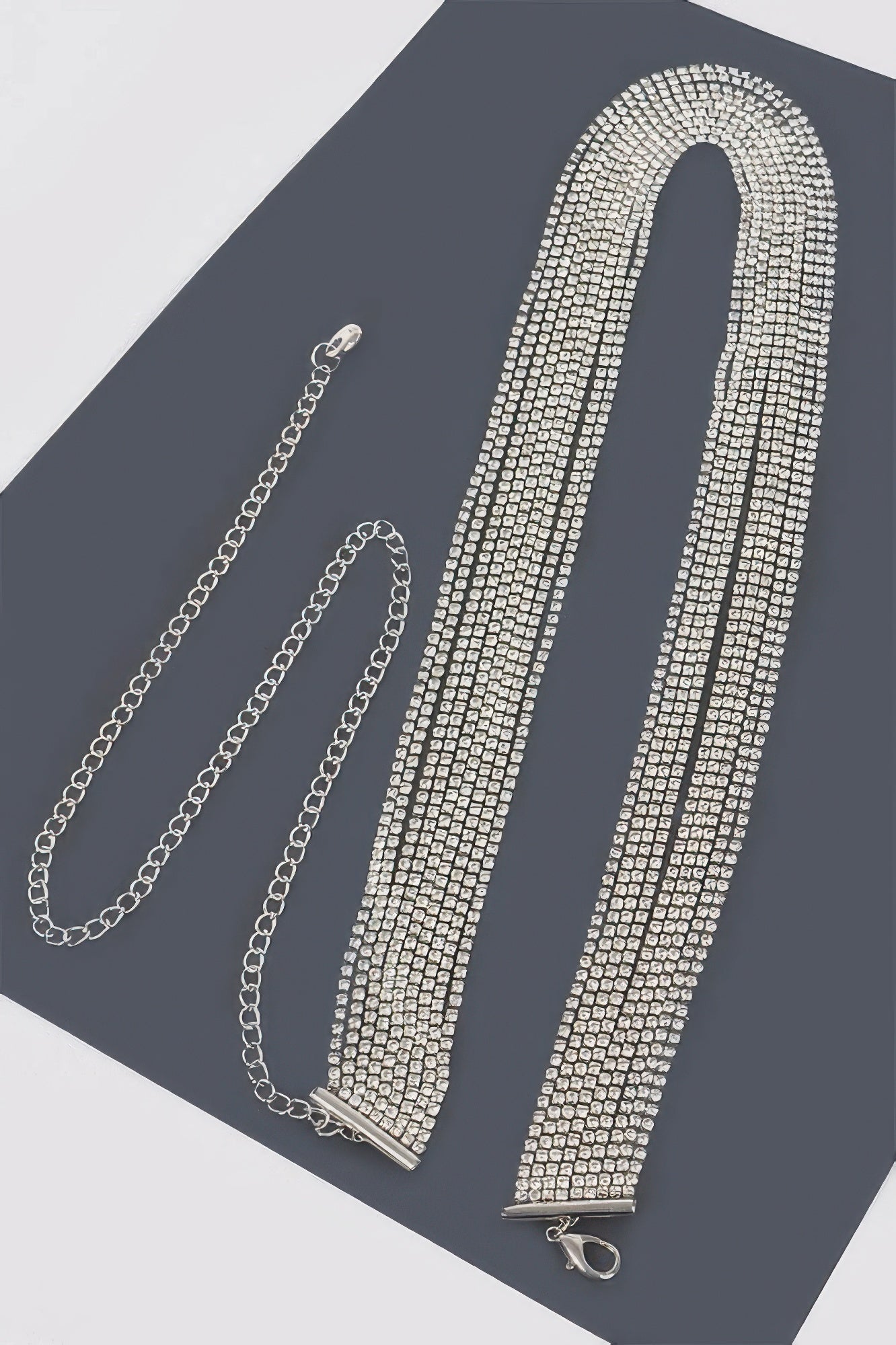 Silver rhinestone choker belt with extender chain and heart-shaped clasp