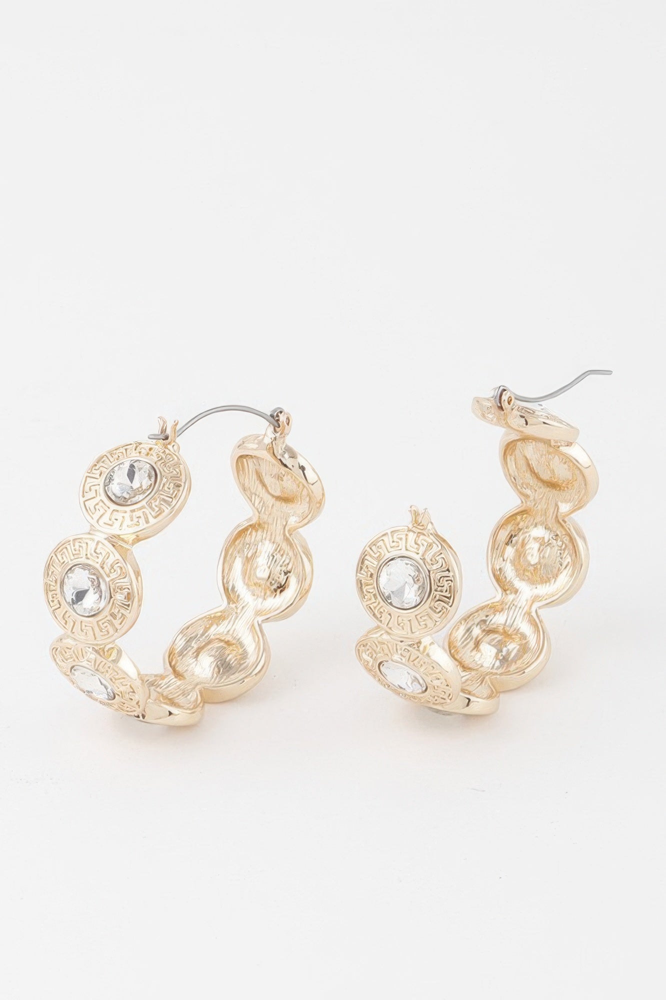 Greek key hoop earrings, gold with clear round stones and textured ring links
