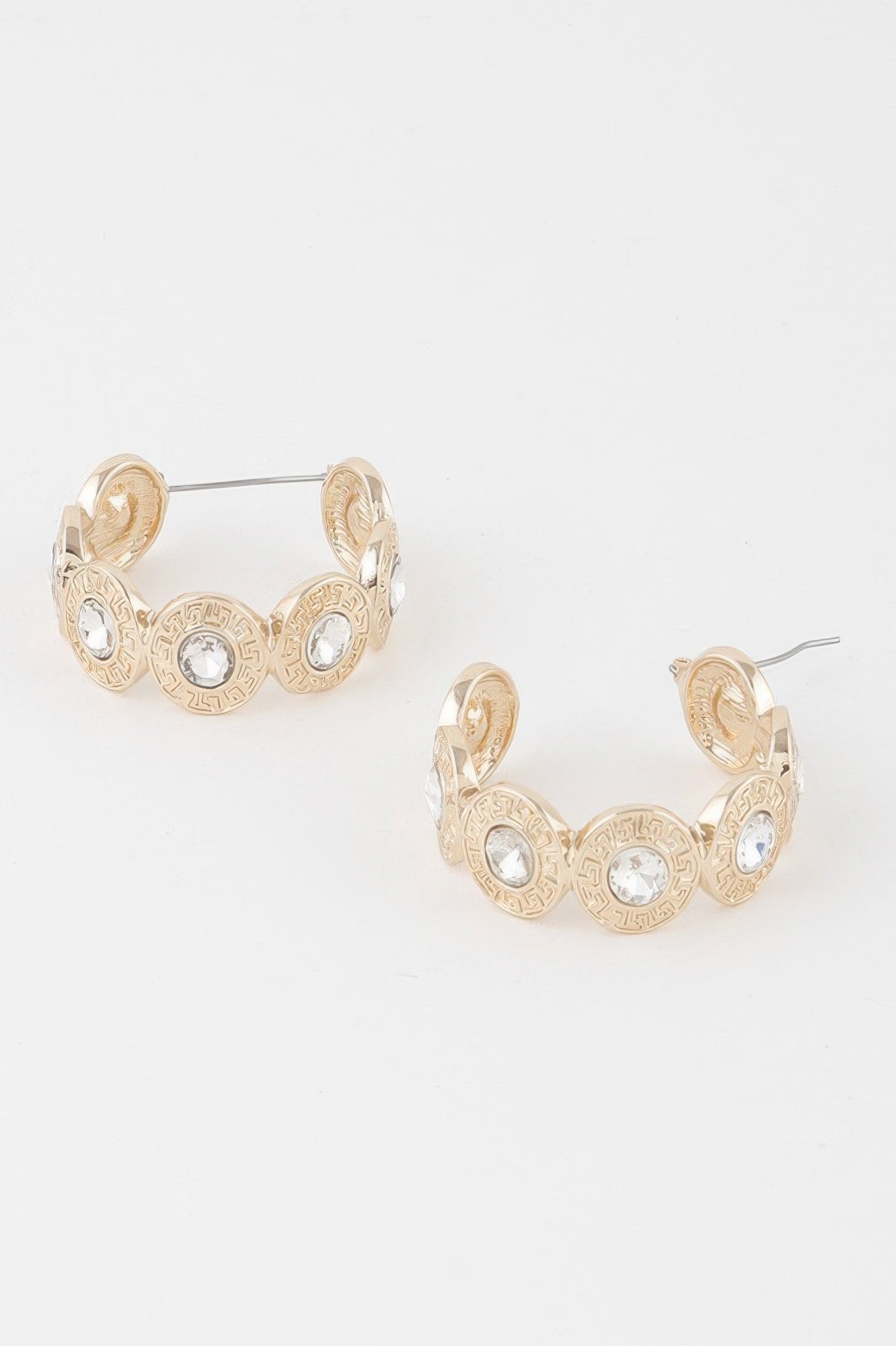 Greek key hoop earrings, gold hoop with circular Greek-key medallions and light stones