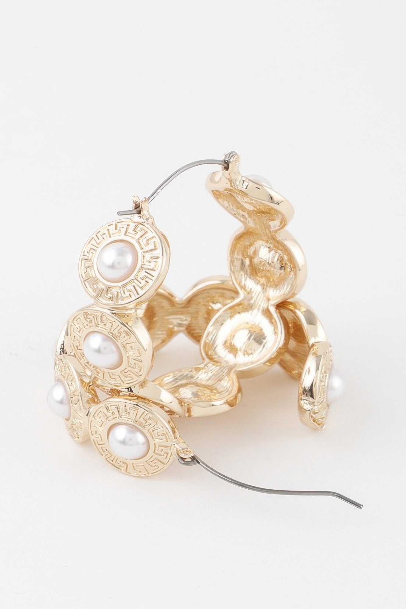 Greek key hoop earrings, gold with white pearls and circular engraved medallions