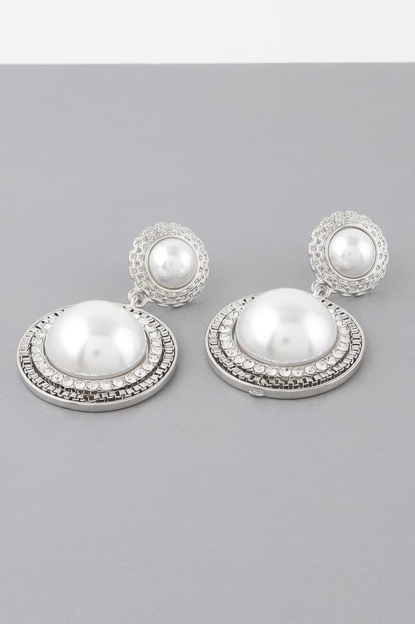 Silver double-framed pearl drop earrings with top and large teardrop pearl halos