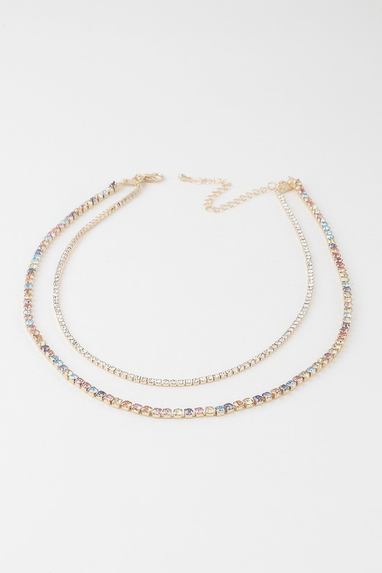 Double rhinestone necklace, gold-tone with multicolor stones, two-layer chain