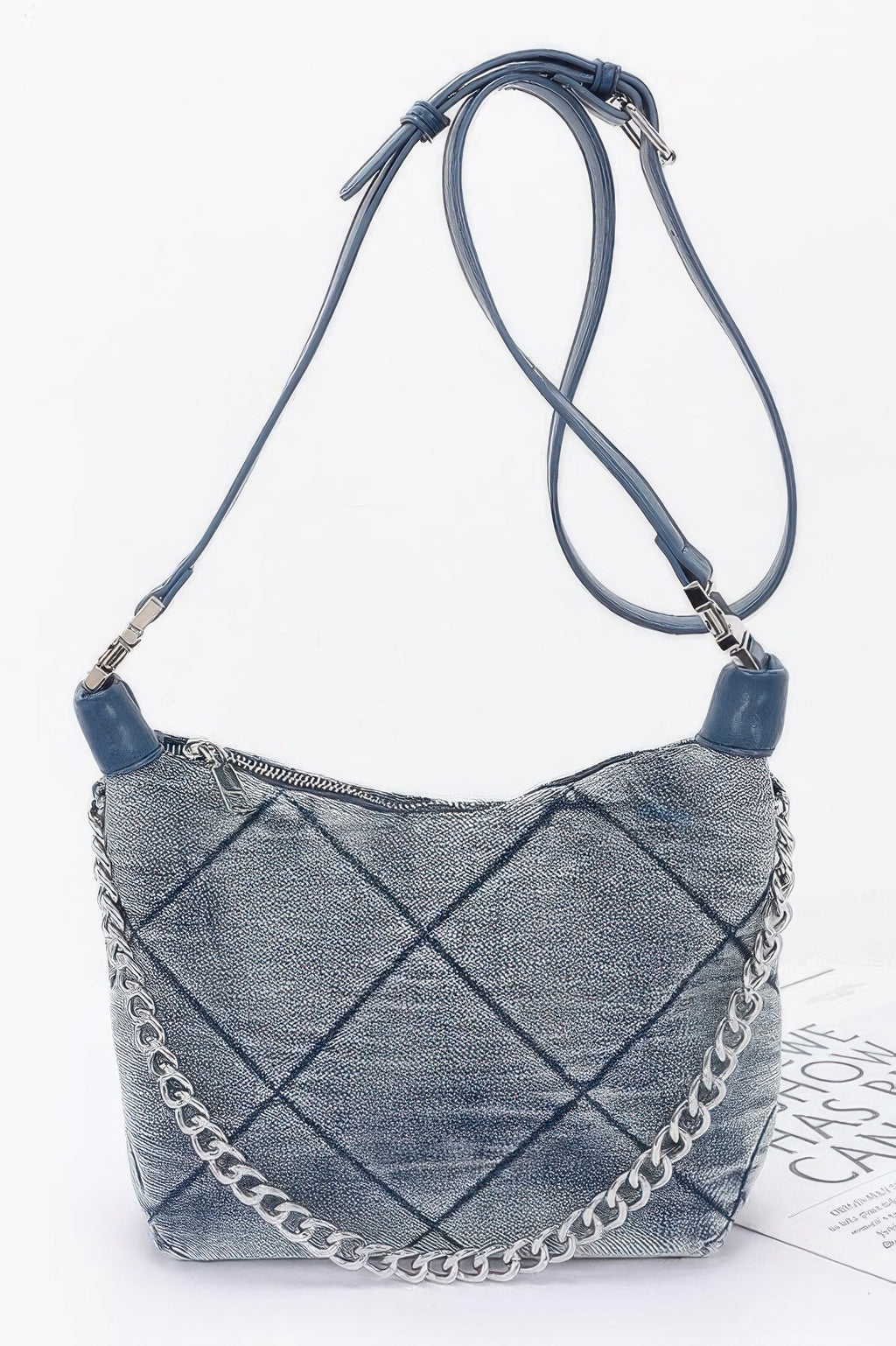 Quilted Jeans-Umhängetasche, dunkles Blau, Kettenriemen und Schulterriemen