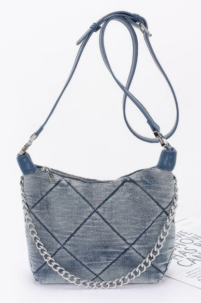 Quilted Washed Denim Shoulder Chain Crossbody Bag | Tigbuls