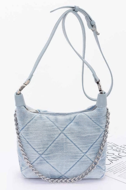 Quilted Washed Denim Shoulder Chain Crossbody Bag | Tigbuls