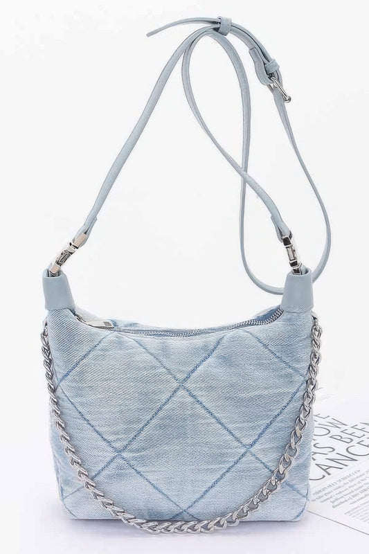 Quilted Washed Denim Shoulder Chain Crossbody Bag | Tigbuls