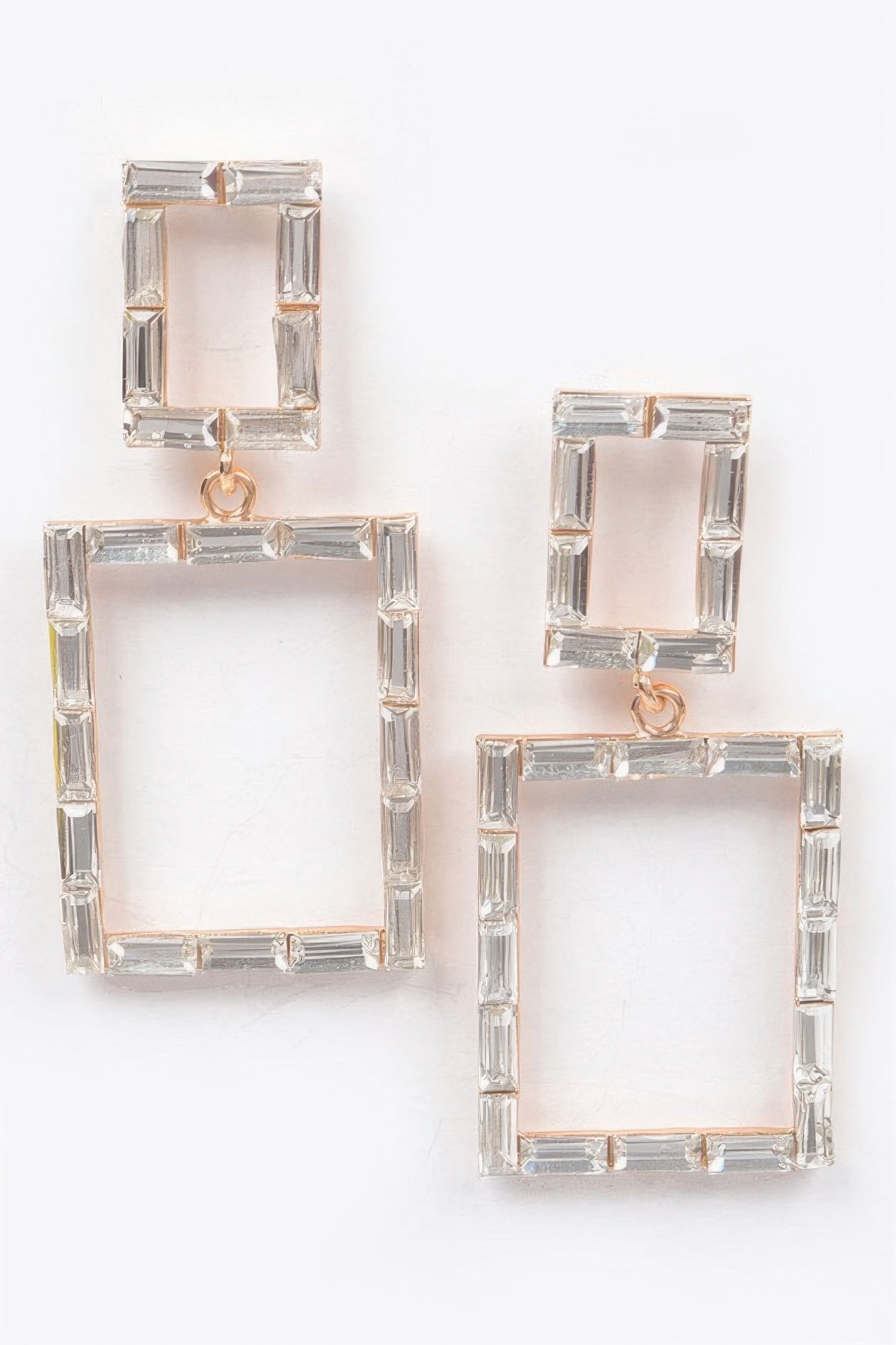 Stone Rectangle Drop Dangle Earrings, clear square stone rectangles with gold-toned charm