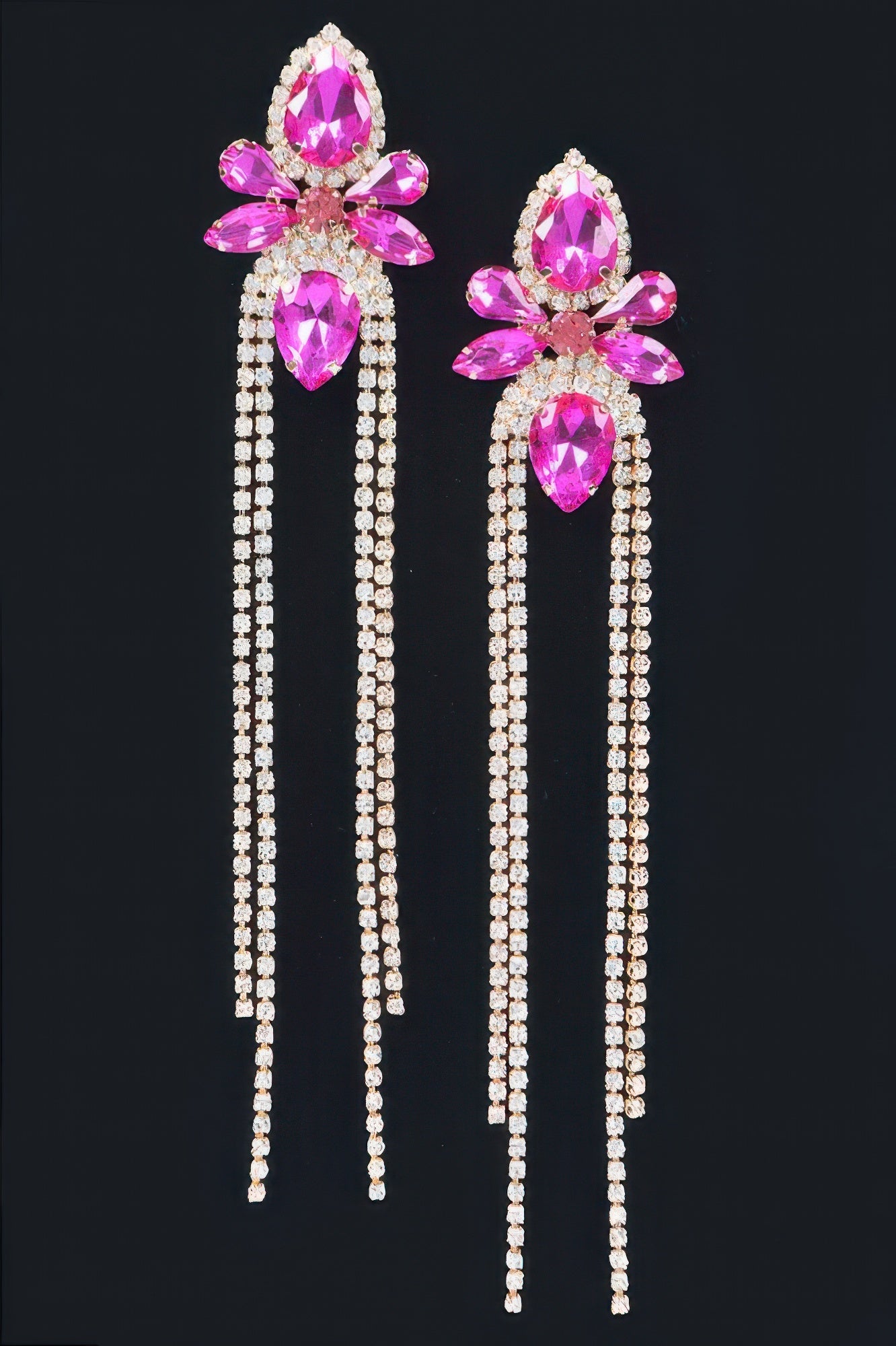 Rhinestone fringe earrings, fuchsia pink teardrop stones with long bead tassels.