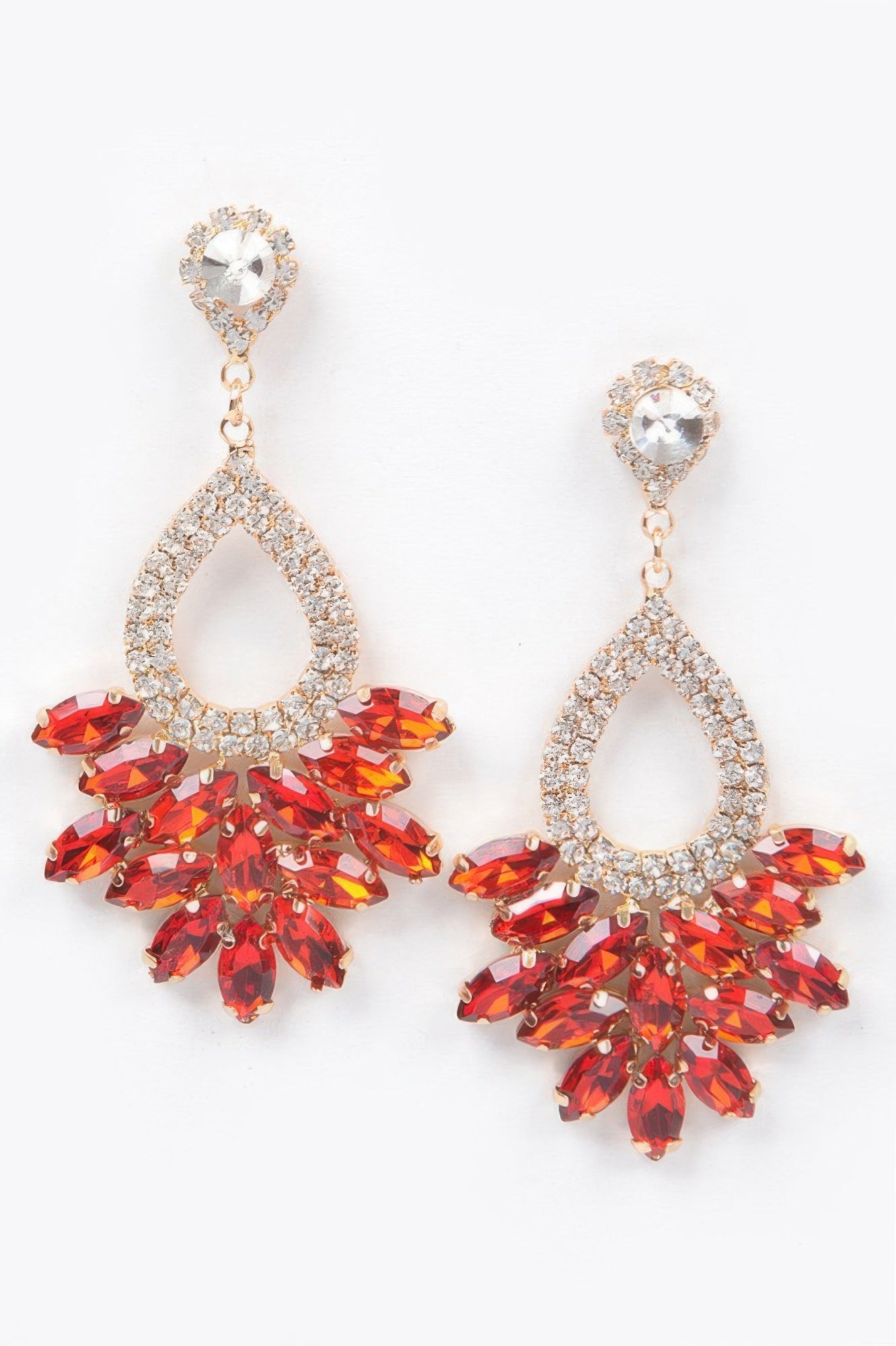 Rhinestone dangle earrings, red teardrop with marquise crystal fan