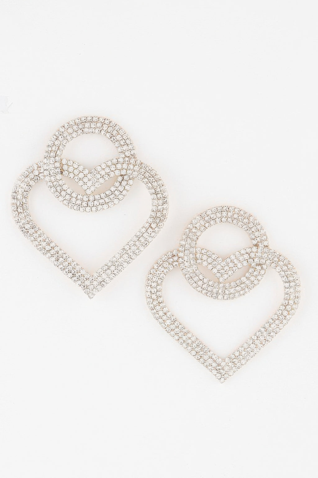 Interlaced heart earrings, gold-tone with clear stones and cross-caged center