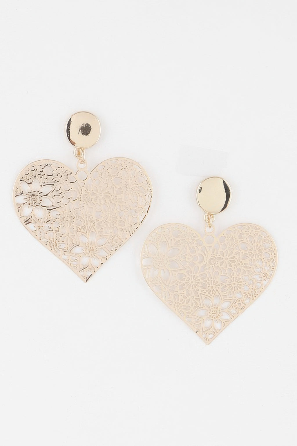Gold heart lace drop earrings with round stud tops and floral filigree cutout