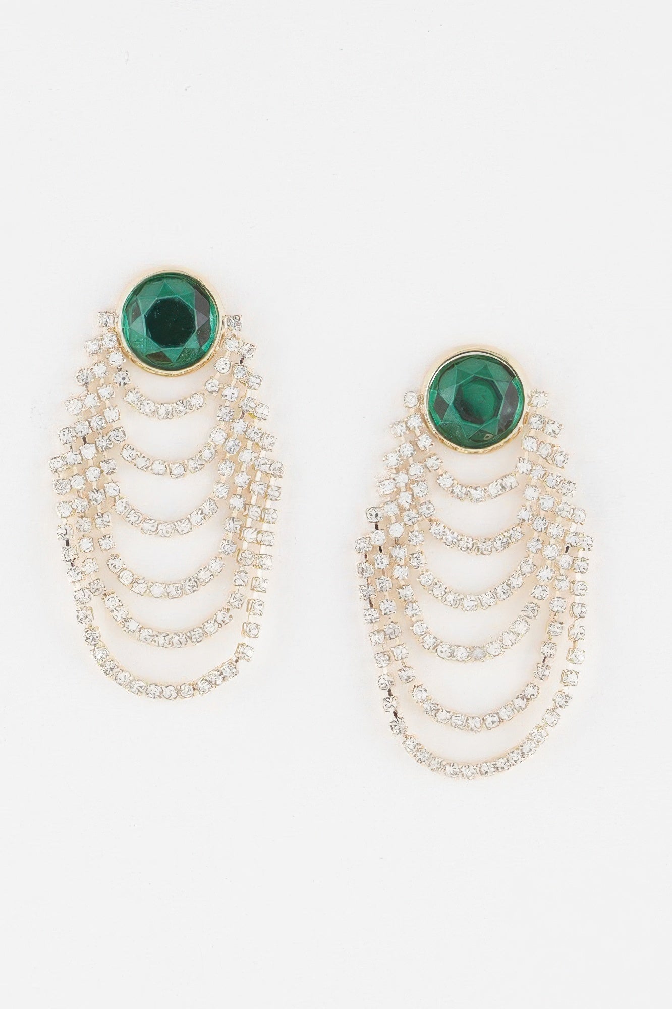 Gold & green multi-tier drop earrings with round green stone and rhinestone fringe