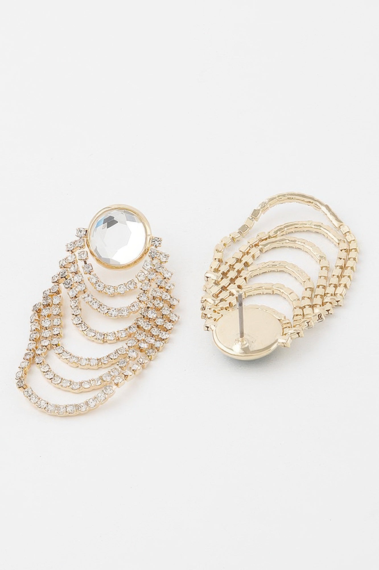 Multi-tier drop earrings with clear round stone; rhinestone fringed drop, gold back
