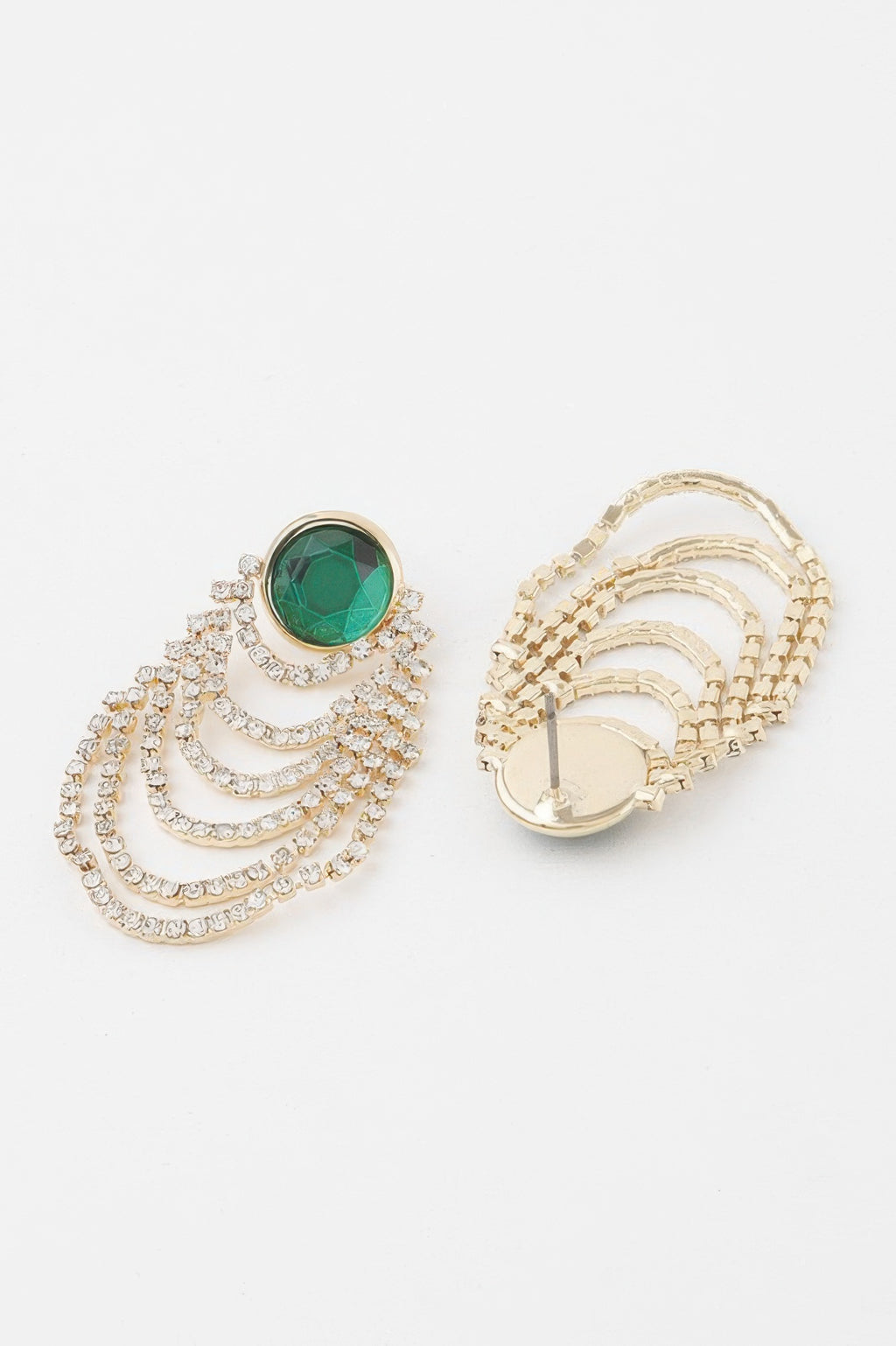 Multi-tier drop earrings with round green gemstone and rhinestone tiers; gold back