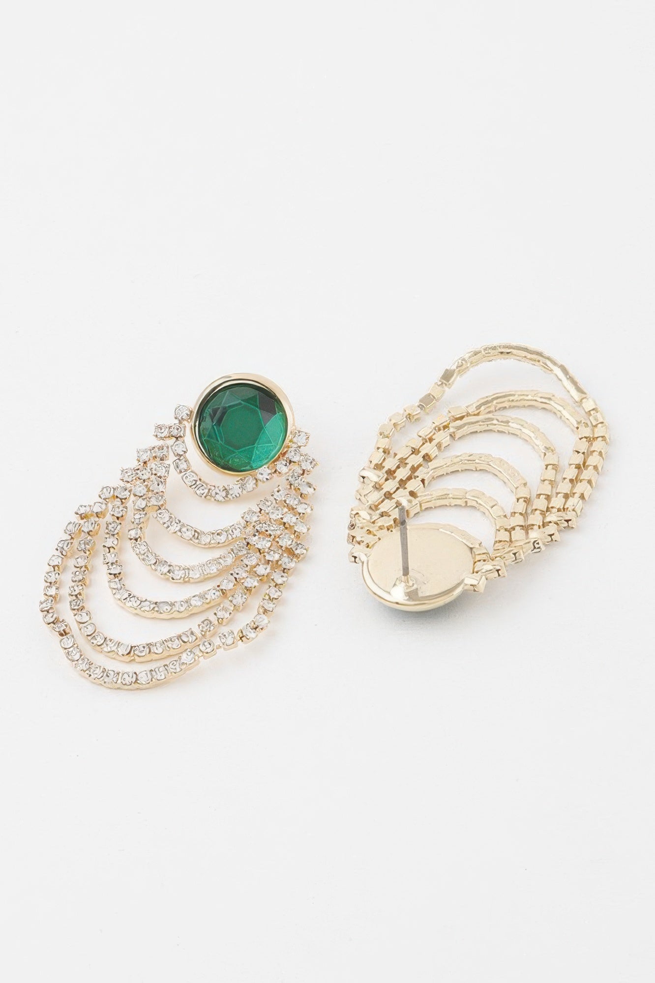 Multi-tier drop earrings with round green gemstone and rhinestone tiers; gold back